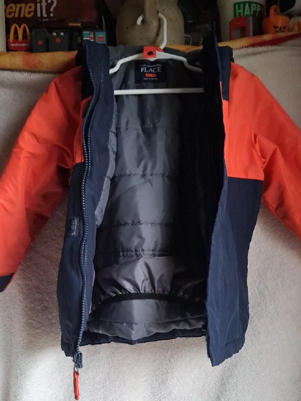 The Children's Place Orange & Navy Colorblock Hooded Puffer Jacket